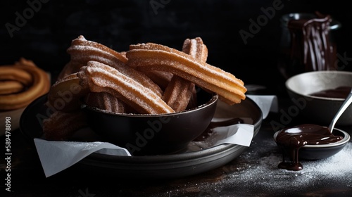 close up fried dough churros with chocolate dip, Generative Ai