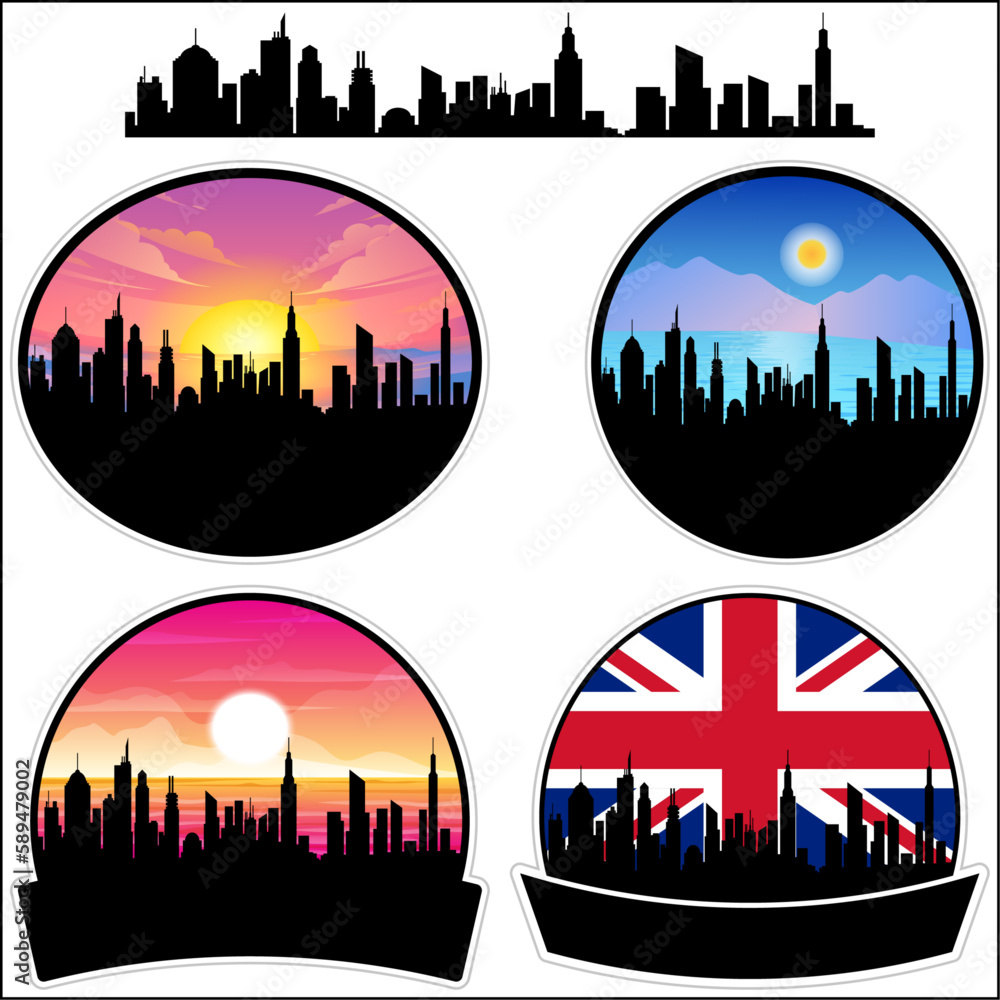 Harborne Skyline Silhouette Uk Flag Travel Souvenir Sticker Sunset Background Vector Illustration SVG EPS AI