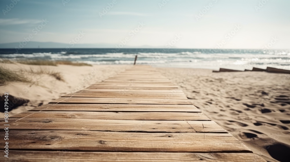 Empty wooden planks with blurred beach in background, can be used for product placement. Created with generative AI technology