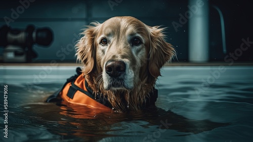 cute golden retriever swimming in swimming pool with orange life jacket.Generative Ai