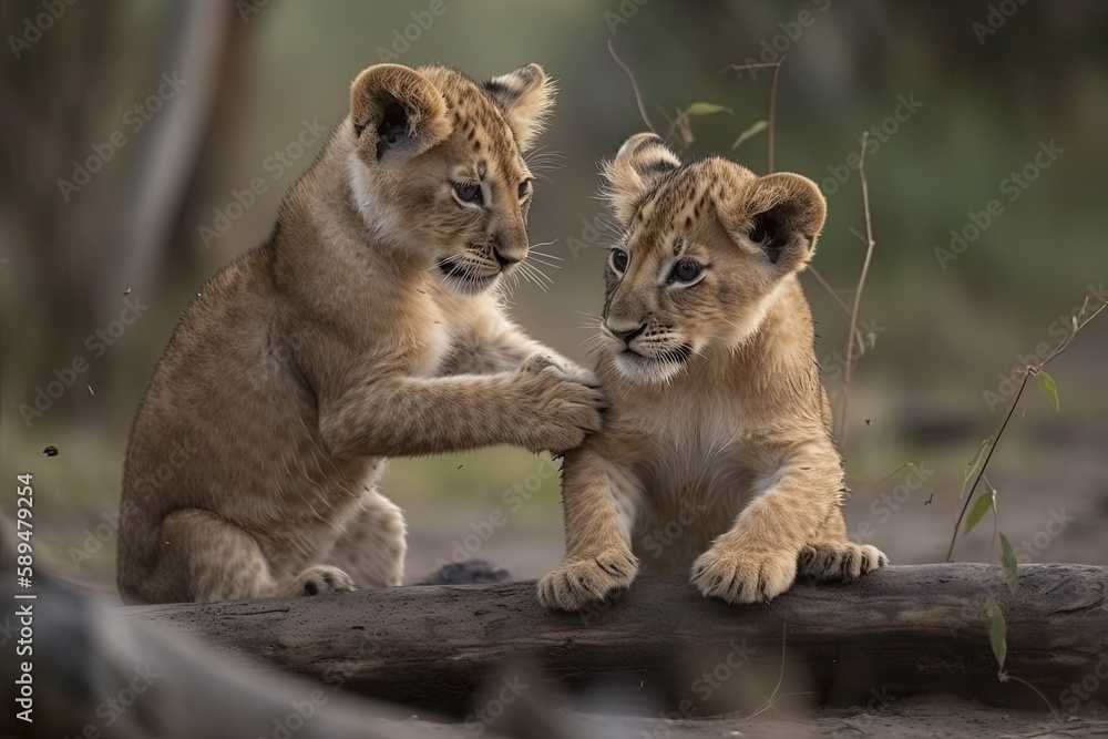 Lion cubs playing outdoors, made with generative ai Lion cubs playing outdoors, made with generative ai
