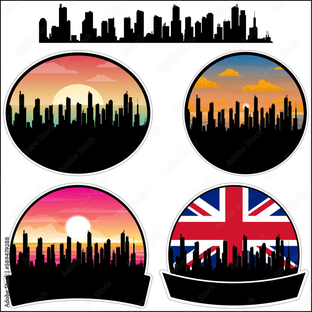 Penistone Skyline Silhouette Uk Flag Travel Souvenir Sticker Sunset Background Vector Illustration SVG EPS AI