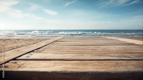 Empty wooden planks with blurred beach in background  can be used for product placement. Created with generative AI technology