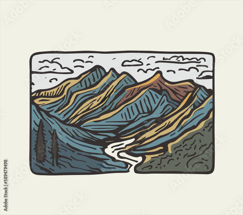 Fototapeta Naklejka Na Ścianę i Meble -  Mountain Vector Illustration, Hand Drawn. Mountain landscape sketch art illustration.
Simple Sketched Hare ideal for Cards, Posters, Wall Art. T shirts.