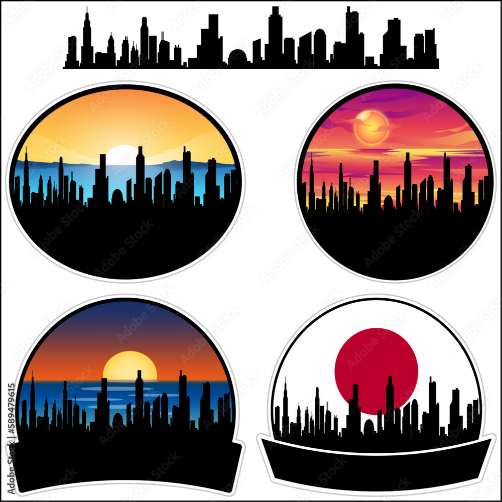 Takahata Skyline Silhouette Japan Flag Travel Souvenir Sticker Sunset Background Vector Illustration SVG EPS AI