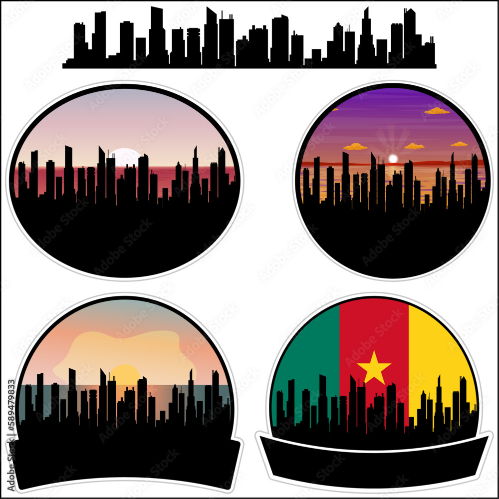 Belabo Skyline Silhouette Cameroon Flag Travel Souvenir Sticker Sunset Background Vector Illustration SVG EPS AI
