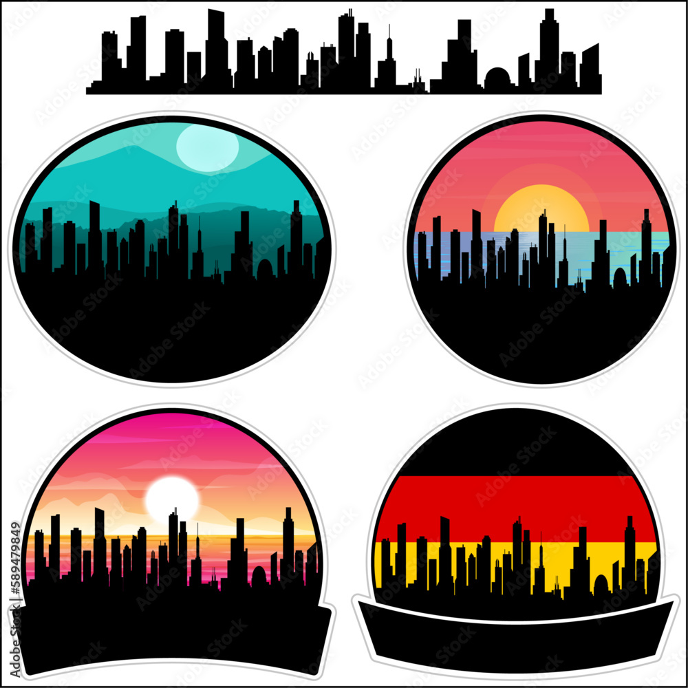 Burg Skyline Silhouette Germany Flag Travel Souvenir Sticker Sunset Background Vector Illustration SVG EPS AI