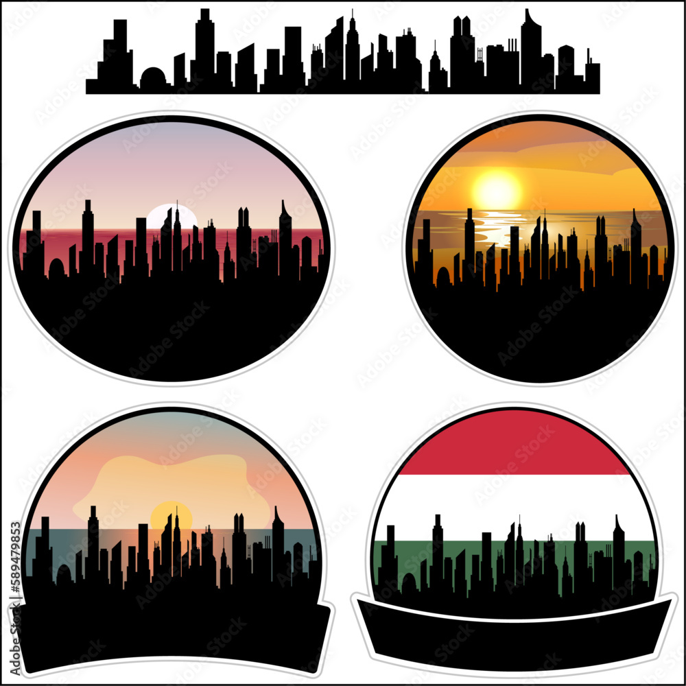 Mako Skyline Silhouette Hungary Flag Travel Souvenir Sticker Sunset Background Vector Illustration SVG EPS AI