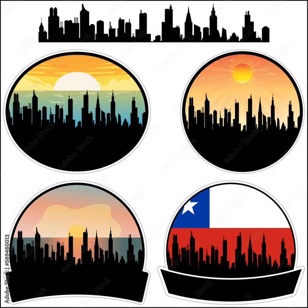 Lebu Skyline Silhouette Chile Flag Travel Souvenir Sticker Sunset Background Vector Illustration SVG EPS AI