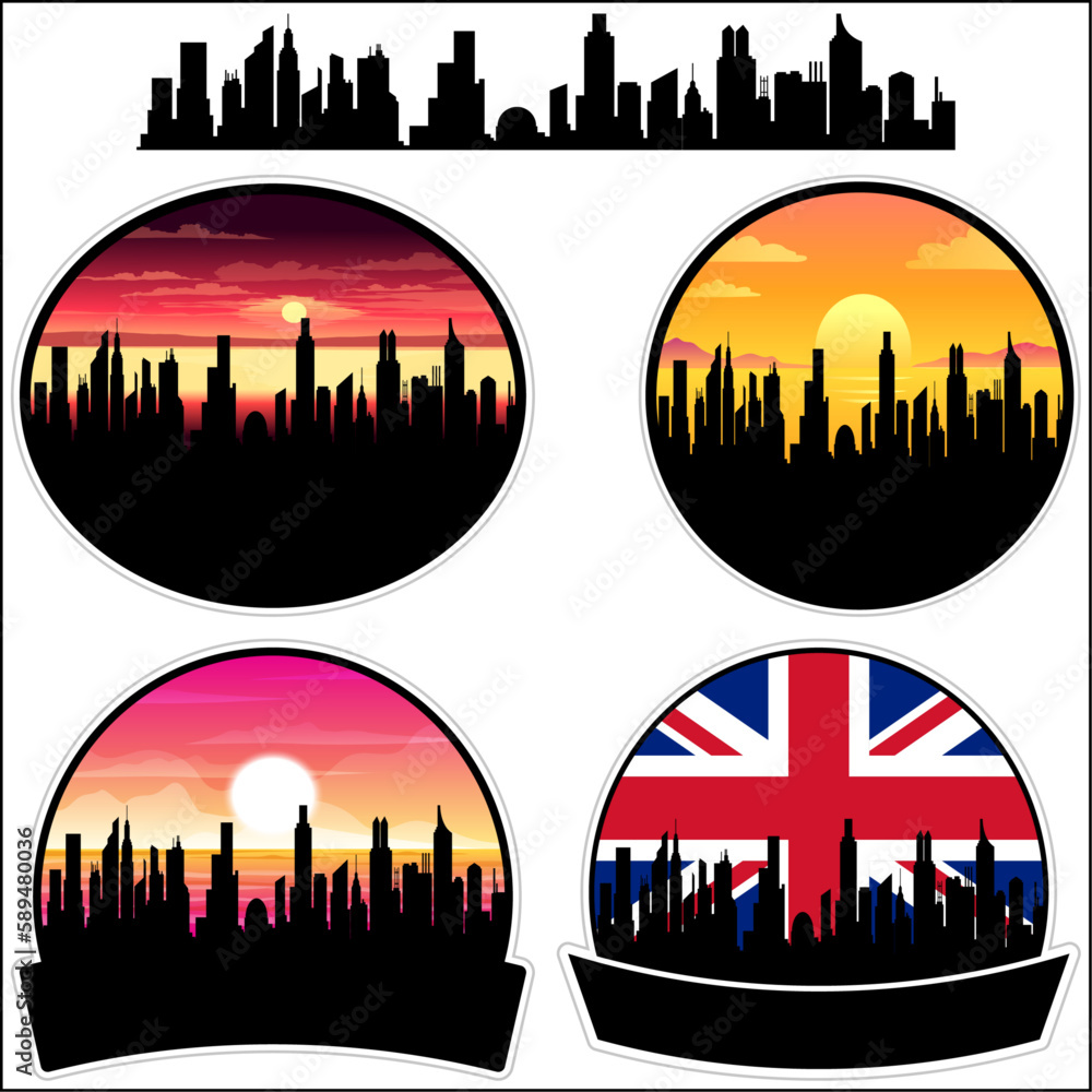 March Skyline Silhouette Uk Flag Travel Souvenir Sticker Sunset Background Vector Illustration SVG EPS AI