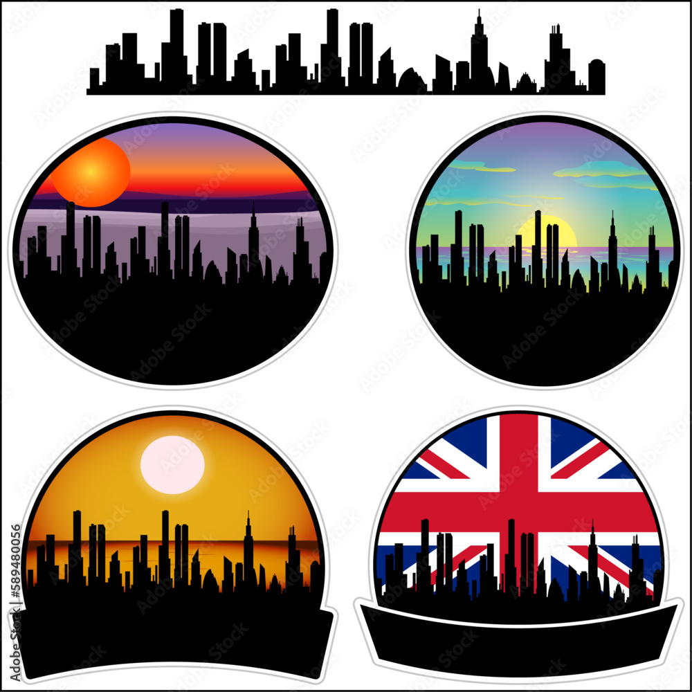 Yeadon Skyline Silhouette Uk Flag Travel Souvenir Sticker Sunset Background Vector Illustration SVG EPS AI