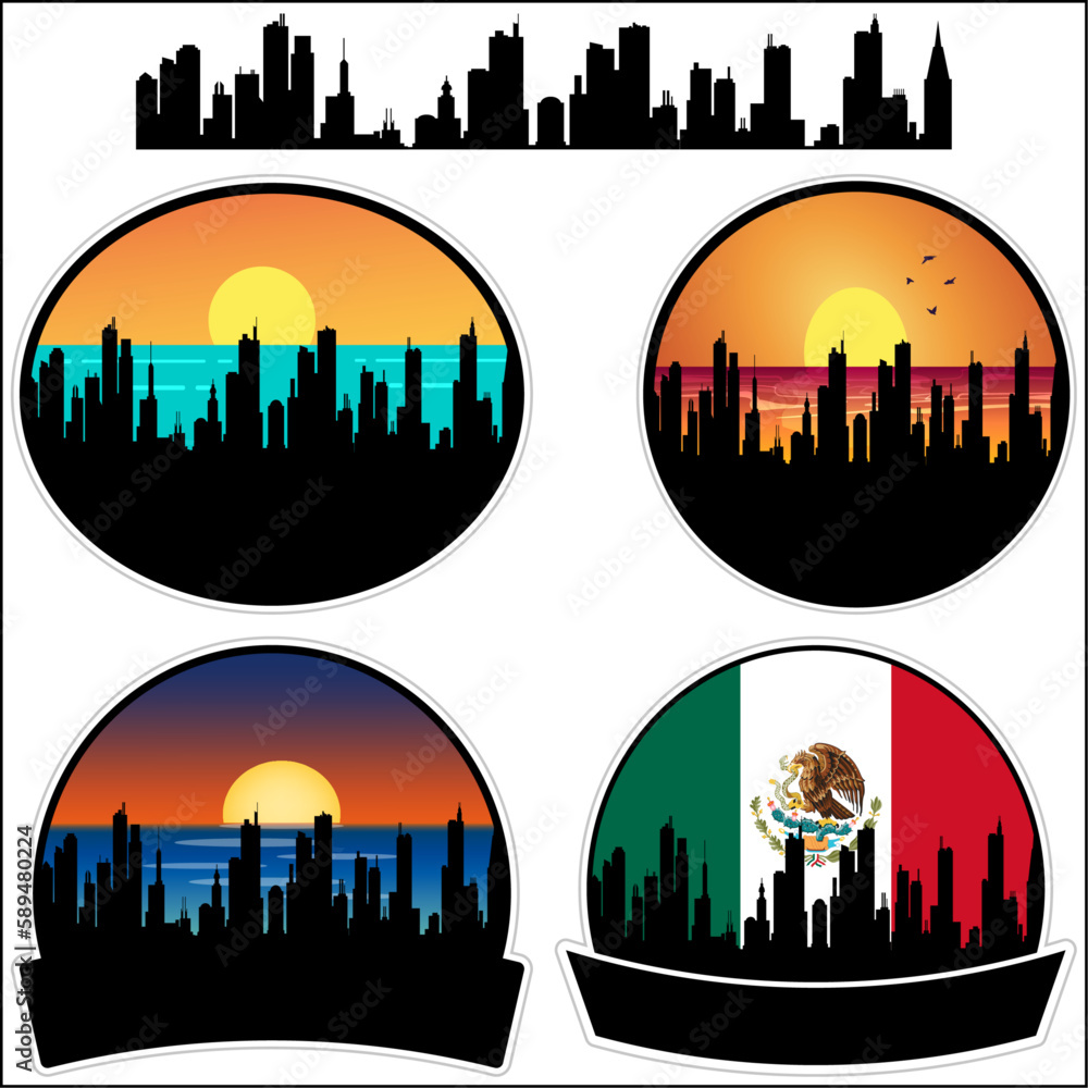 Ocatlan Skyline Silhouette Mexico Flag Travel Souvenir Sticker Sunset Background Vector Illustration SVG EPS AI