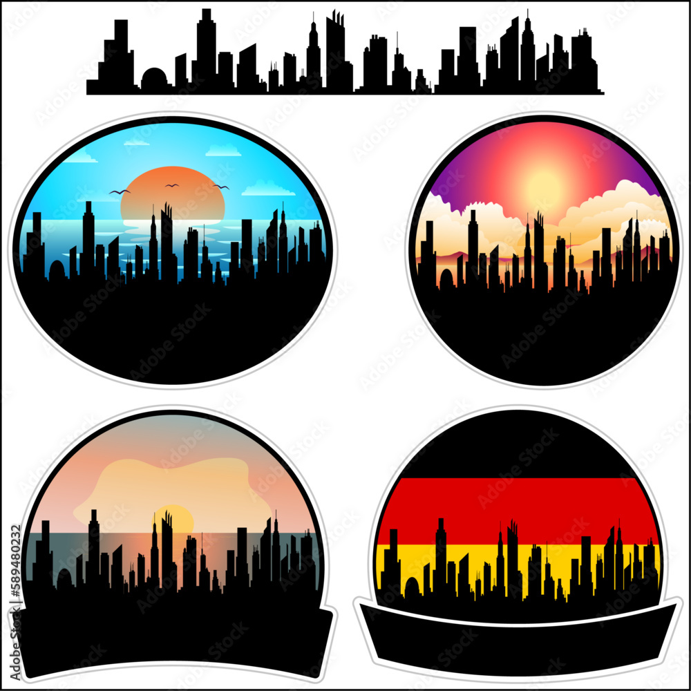Neusass Skyline Silhouette Germany Flag Travel Souvenir Sticker Sunset Background Vector Illustration SVG EPS AI