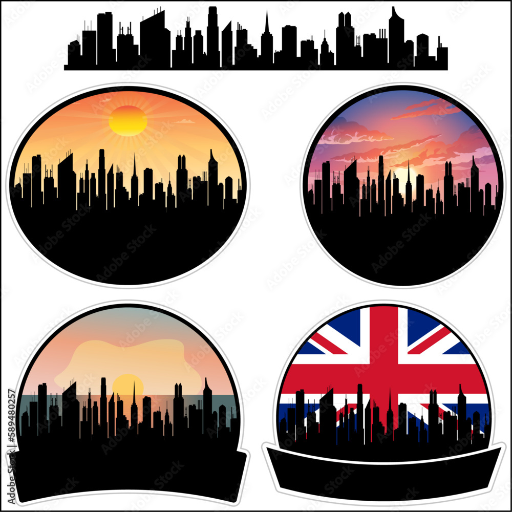 Penarth Skyline Silhouette Uk Flag Travel Souvenir Sticker Sunset Background Vector Illustration SVG EPS AI