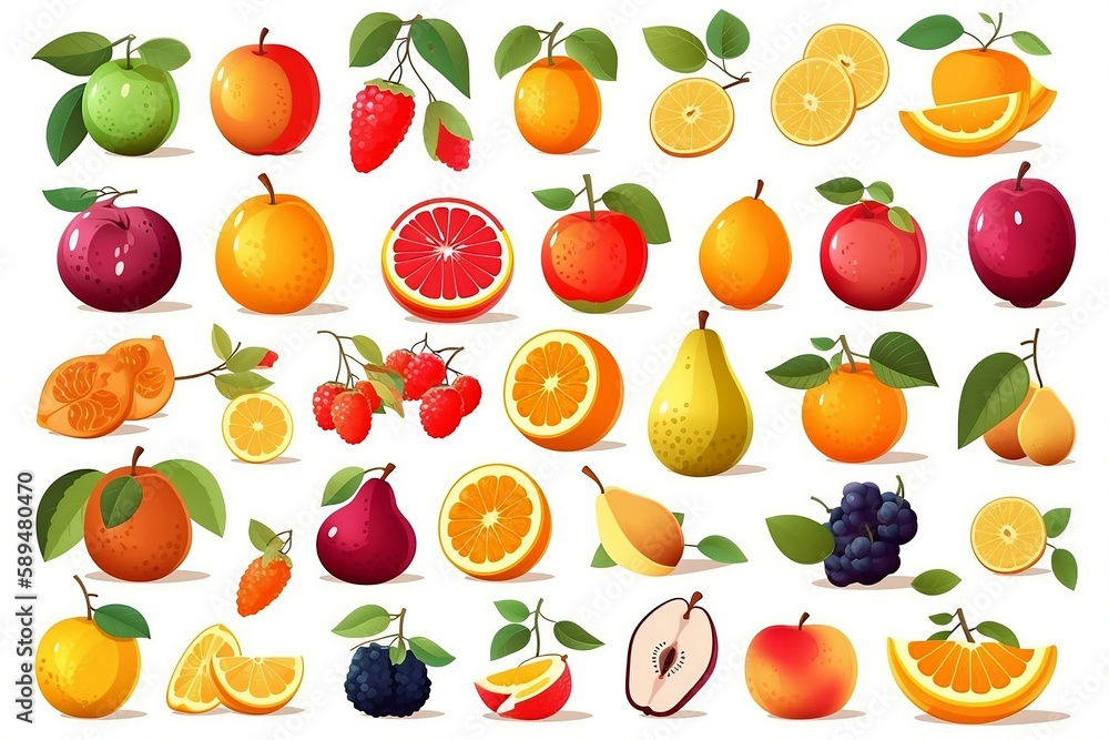 Set of colorful cartoon fruit icons: apple, pear, strawberry, orange, peach, plum, banana, watermelon, pineapple, papaya, grape, cherry, kiwi, lemon, mango. Vector illustration isolated on white. Set of colorful cartoon fruit icons: apple, pear, strawberry, orange, peach, plum, banana, watermelon, pineapple, papaya, grape, cherry, kiwi, lemon, mango. Vector illustration isolated on white.