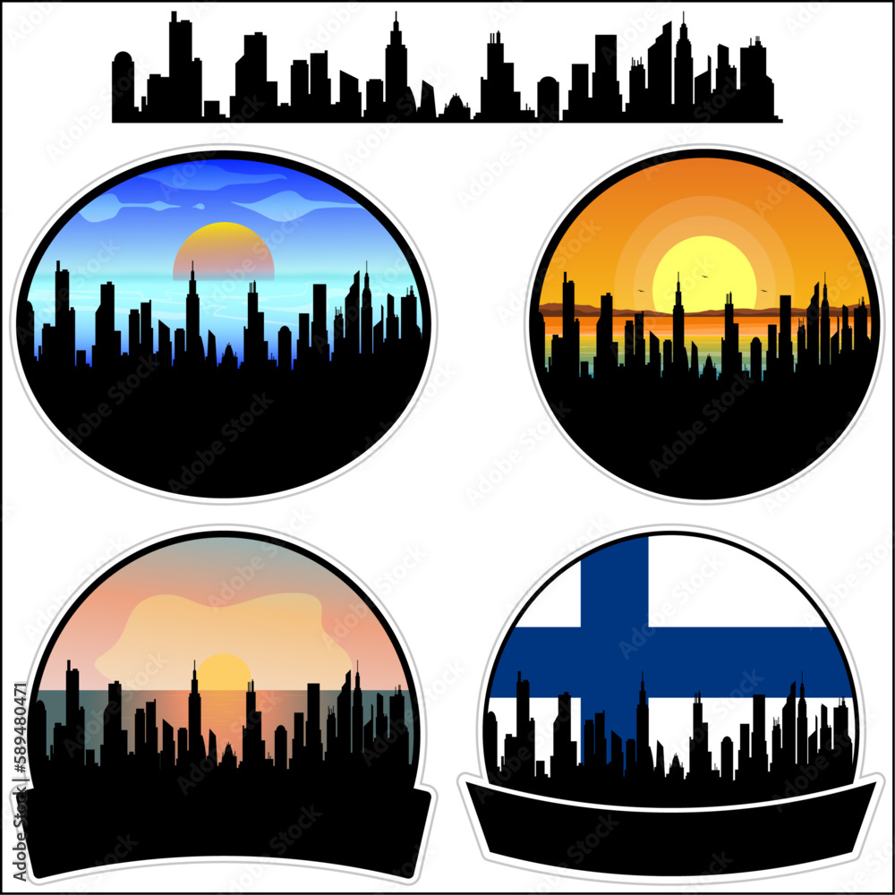 Tornio Skyline Silhouette Finland Flag Travel Souvenir Sticker Sunset Background Vector Illustration SVG EPS AI