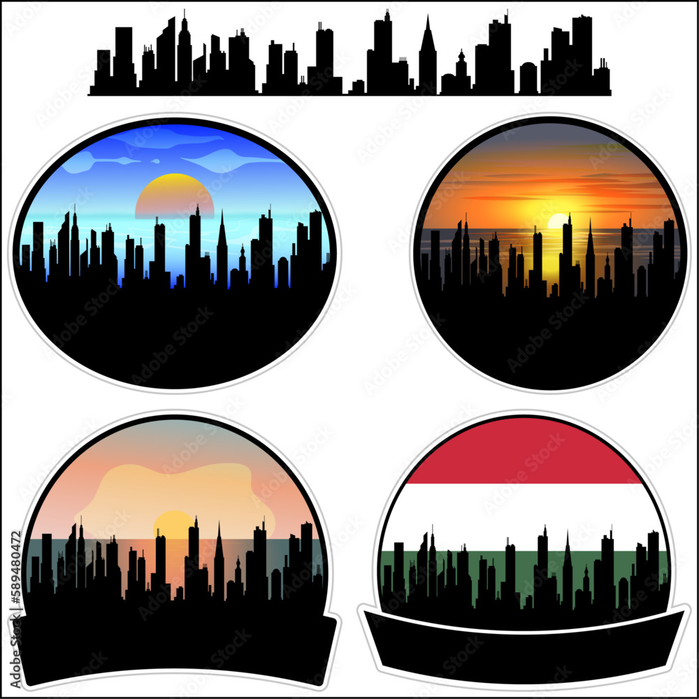 Dunaharaszti Skyline Silhouette Hungary Flag Travel Souvenir Sticker Sunset Background Vector Illustration SVG EPS AI