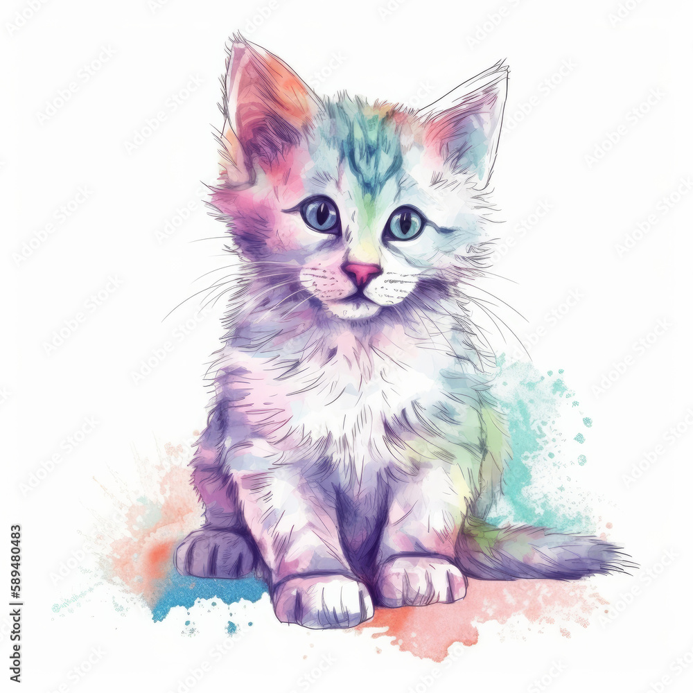 Fototapeta premium Cute watercolor cat. Illustration AI Generative.
