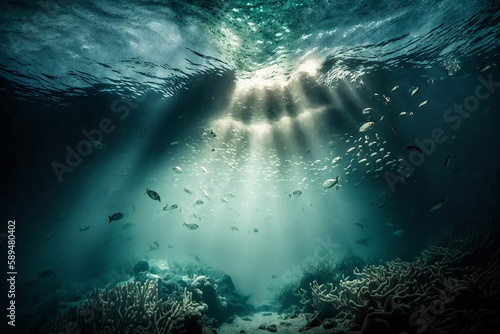Underwater scene with dramatic ocean lighting, Generative Ai © Flowstudio