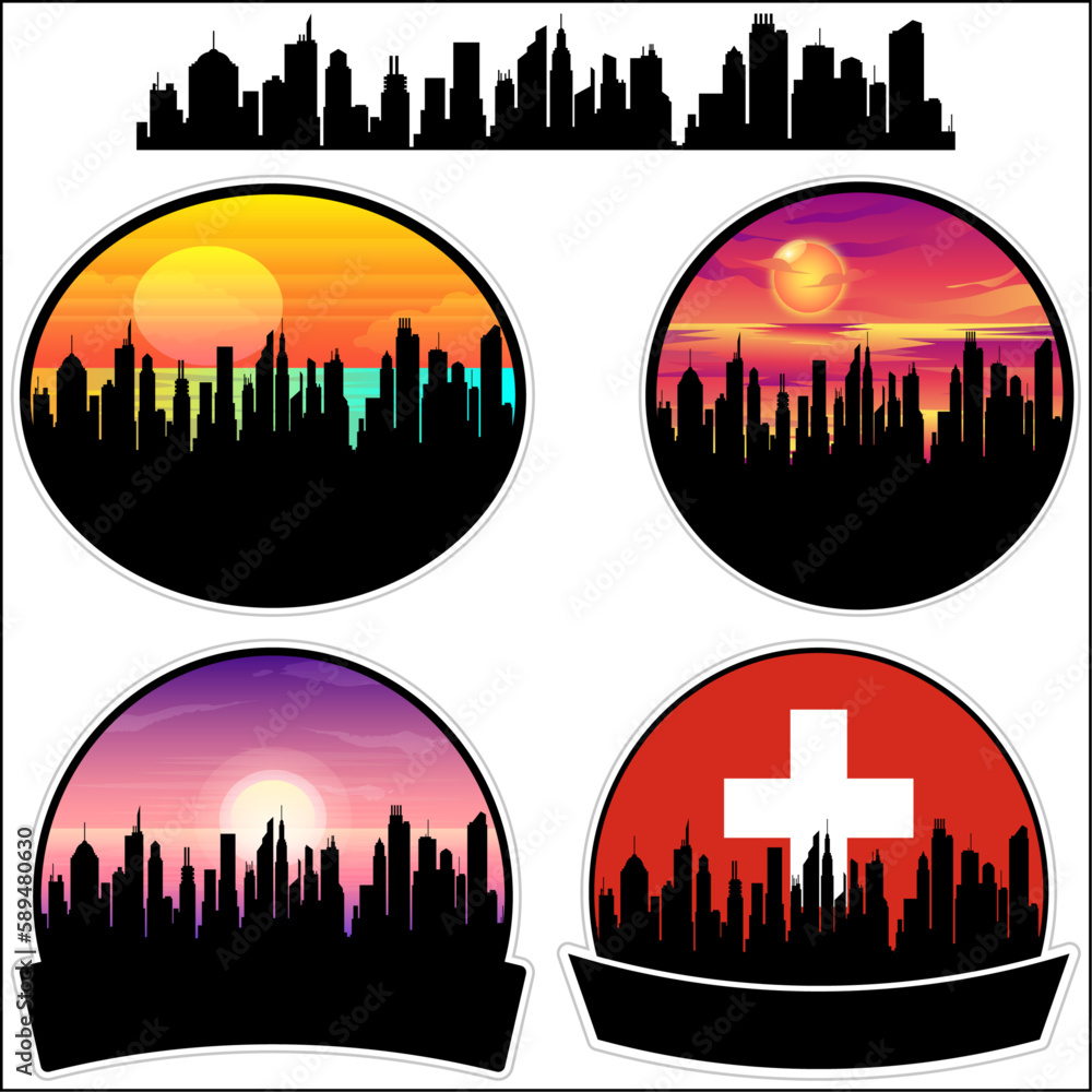 Kreuzlingen Skyline Silhouette Switzerland Flag Travel Souvenir Sticker Sunset Background Vector Illustration SVG EPS AI