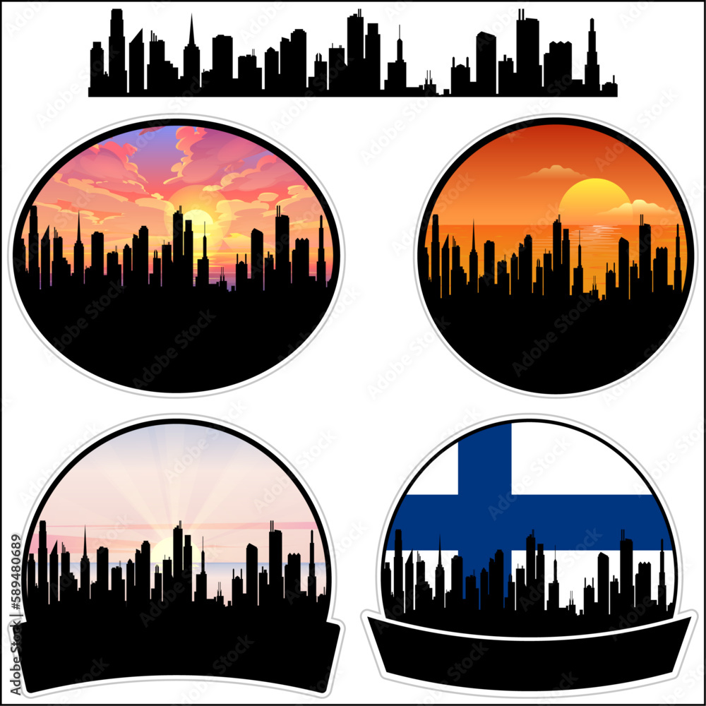 Kemi Skyline Silhouette Finland Flag Travel Souvenir Sticker Sunset Background Vector Illustration SVG EPS AI