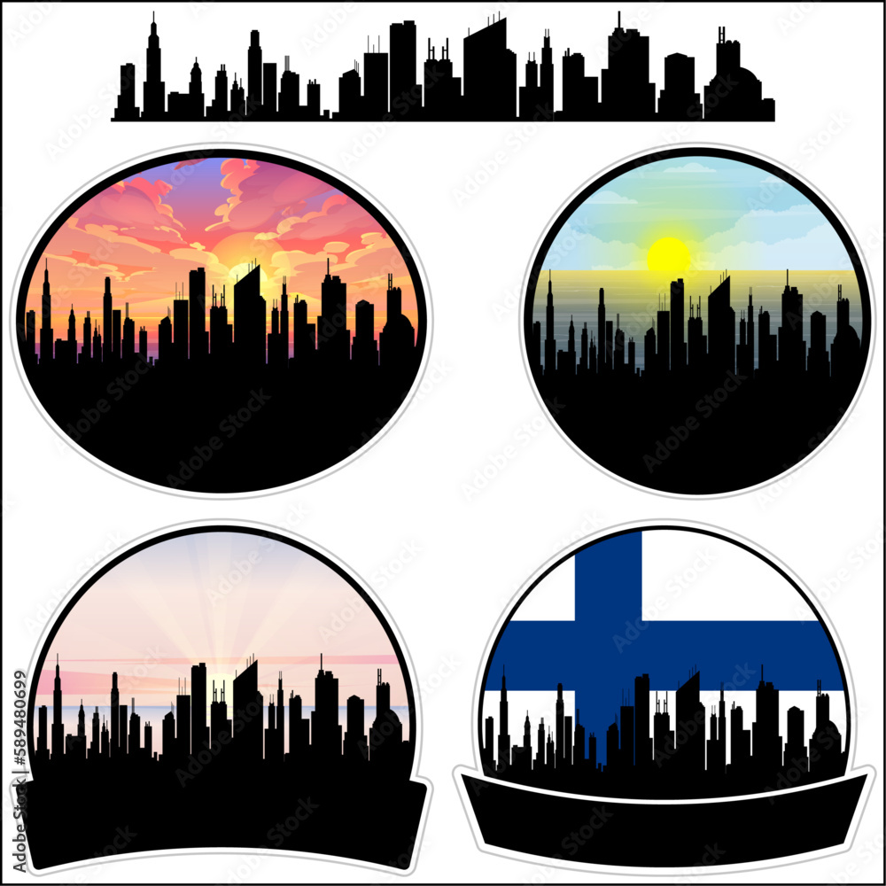 Kurikka Skyline Silhouette Finland Flag Travel Souvenir Sticker Sunset Background Vector Illustration SVG EPS AI