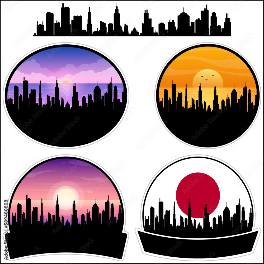 Fukuyoshi Skyline Silhouette Japan Flag Travel Souvenir Sticker Sunset Background Vector Illustration SVG EPS AI