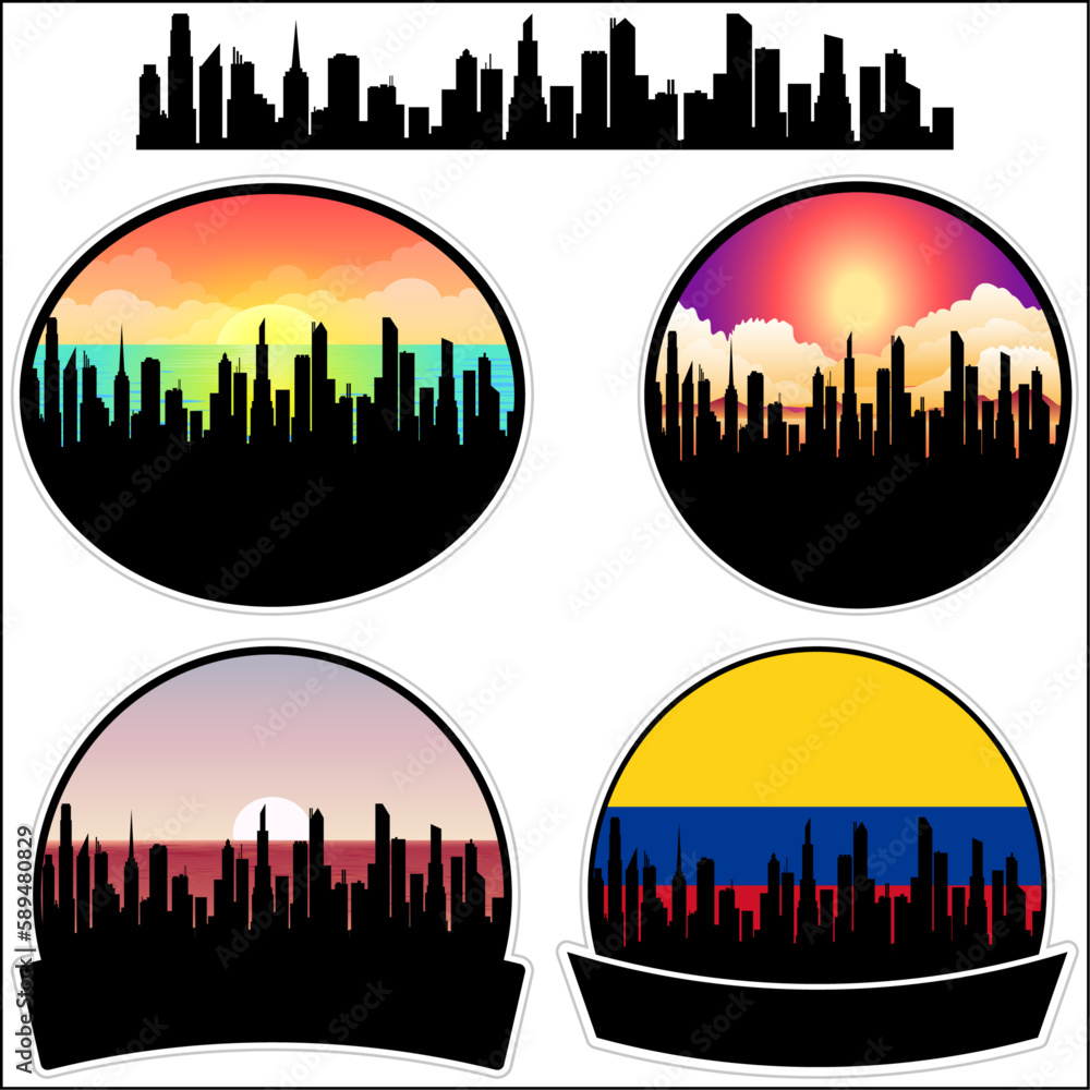 San Jacinto Skyline Silhouette Colombia Flag Travel Souvenir Sticker Sunset Background Vector Illustration SVG EPS AI