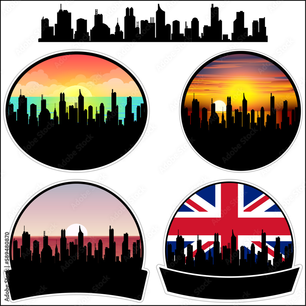 Camborne Skyline Silhouette Uk Flag Travel Souvenir Sticker Sunset Background Vector Illustration SVG EPS AI