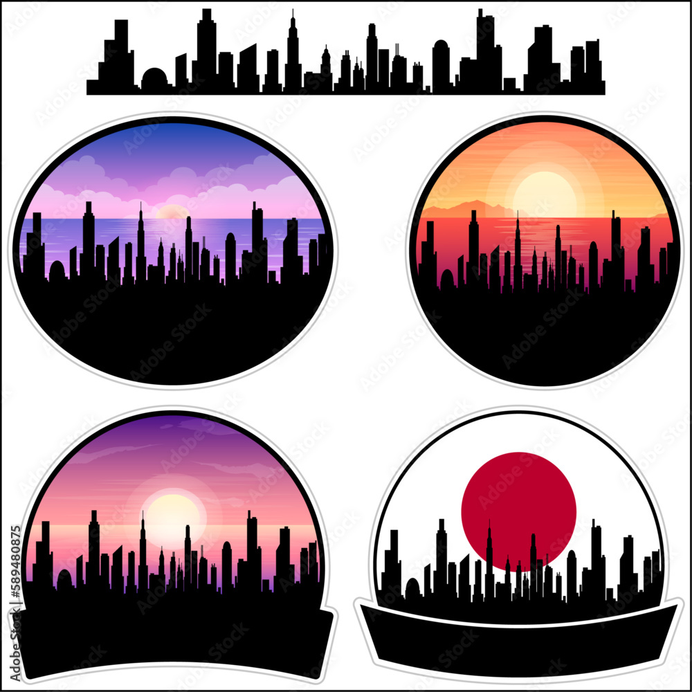 Furano Skyline Silhouette Japan Flag Travel Souvenir Sticker Sunset Background Vector Illustration SVG EPS AI