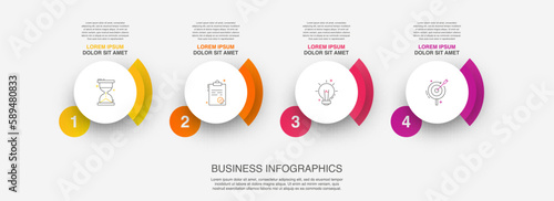 Vector infographic design template. Modern timeline concept with four steps, circles. Vector illustration used for diagram, workflow layout, banner, webdesign