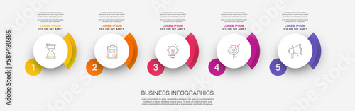 Vector infographic design template. Modern timeline concept with 5 steps, circles. Vector illustration used for diagram, workflow layout, banner, webdesign