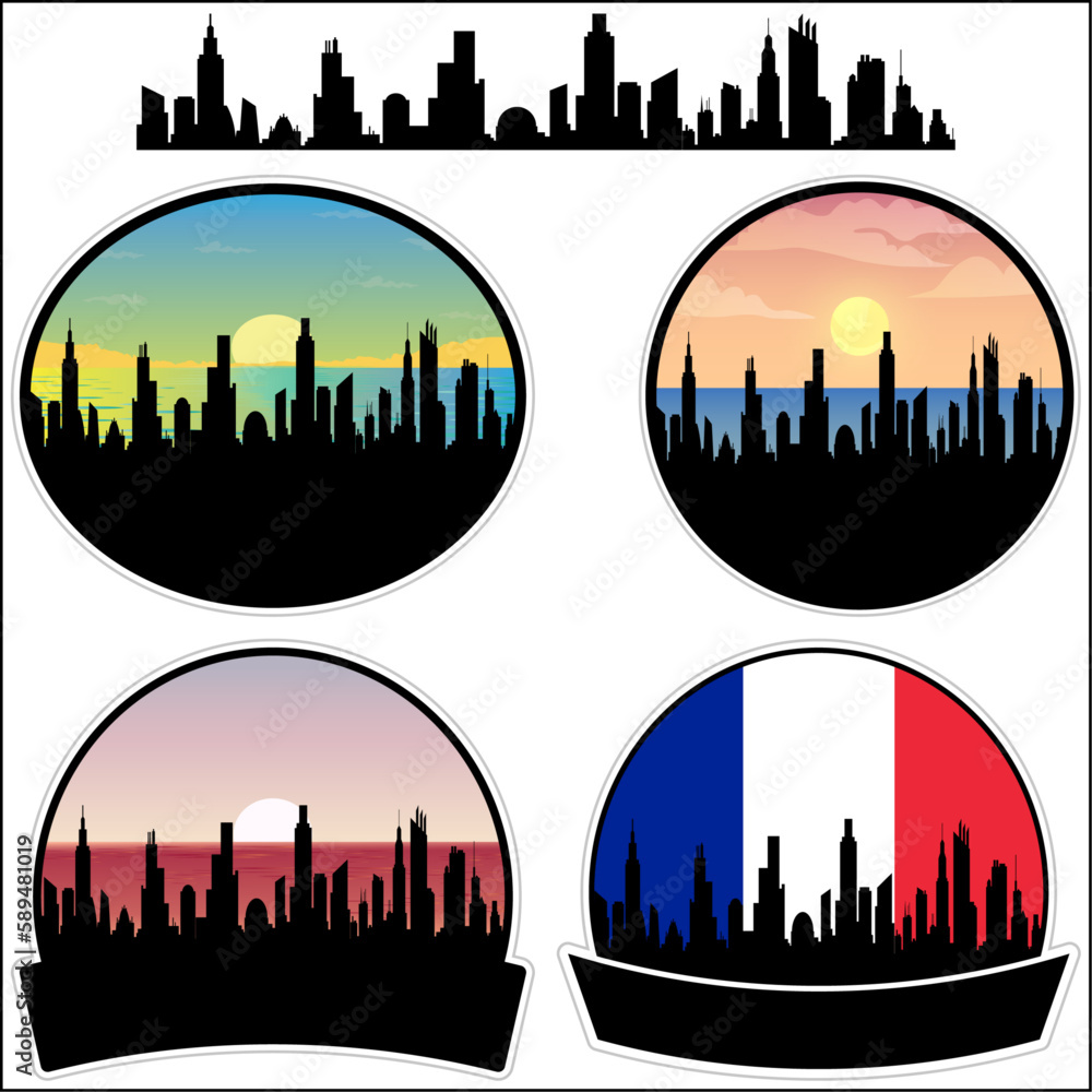 Arcueil Skyline Silhouette France Flag Travel Souvenir Sticker Sunset Background Vector Illustration SVG EPS AI