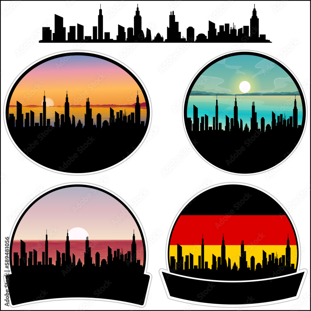 Aichach Skyline Silhouette Germany Flag Travel Souvenir Sticker Sunset Background Vector Illustration SVG EPS AI