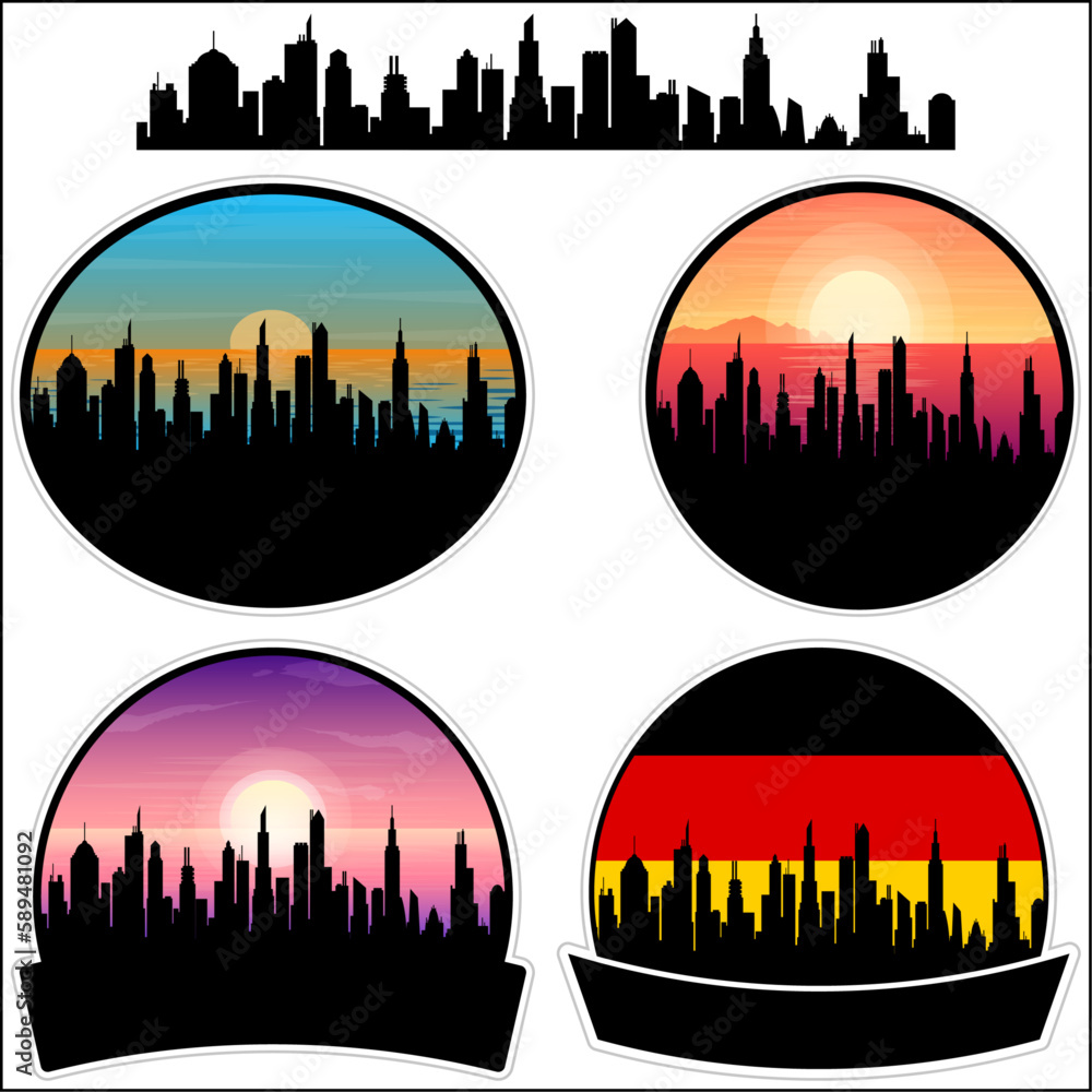 Schwetzingen Skyline Silhouette Germany Flag Travel Souvenir Sticker Sunset Background Vector Illustration SVG EPS AI