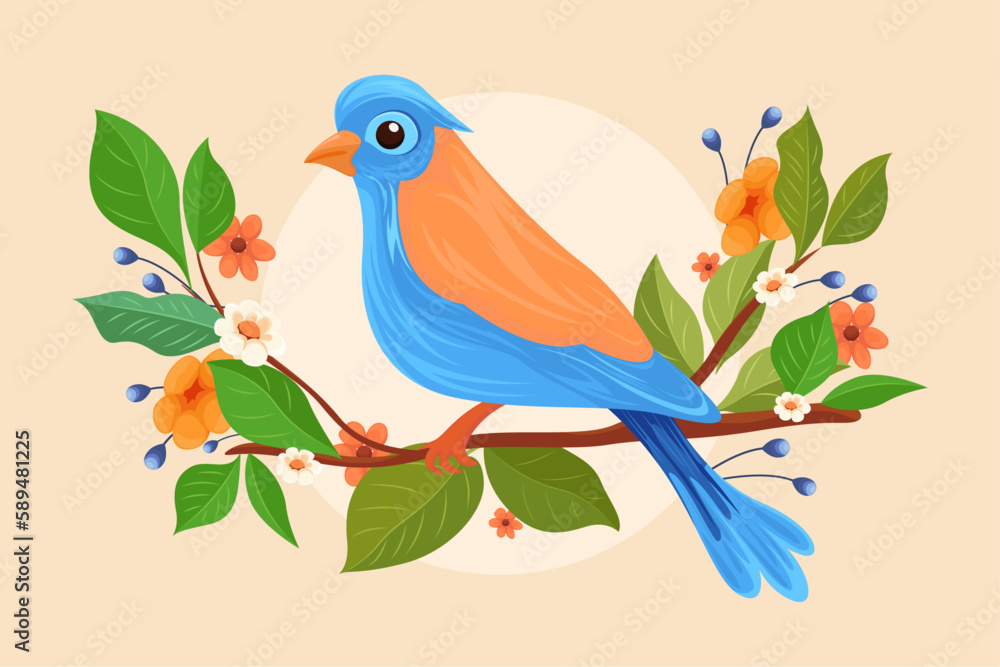 Illustration with beautiful bird and flowers, leaves, nature, abstract leaf patterns, illustration, spring illustration 
