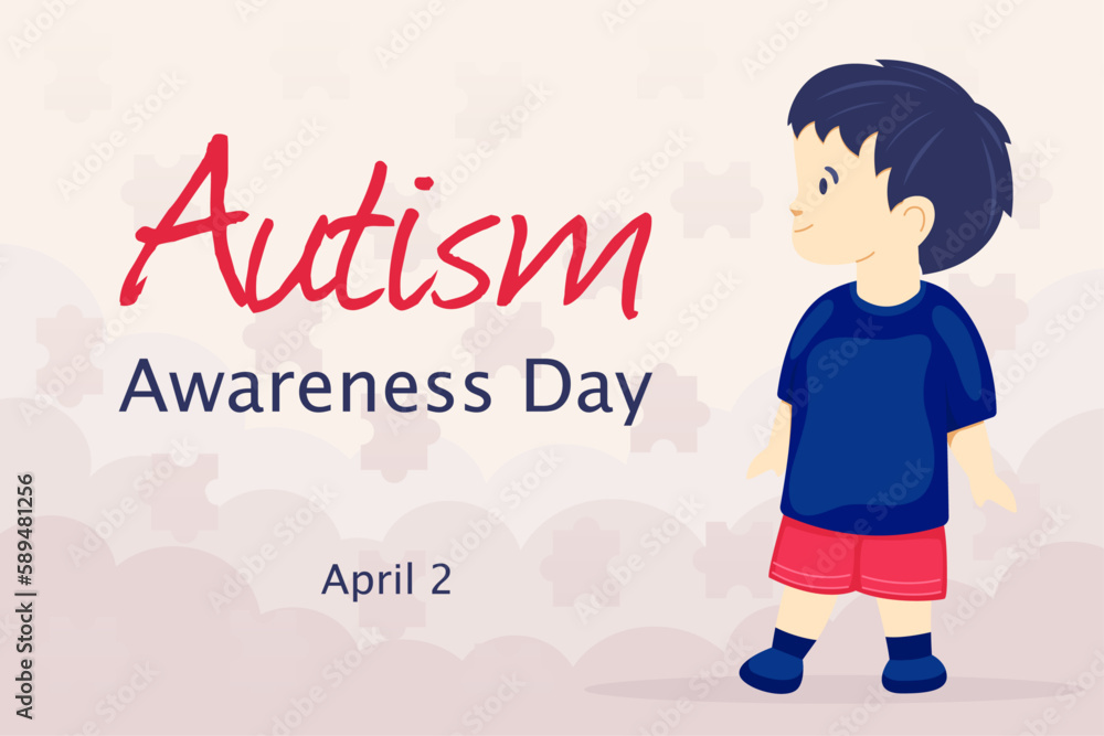 Illustration for World Autism Awareness Day. Abstract background with puzzle silhouettes, baby boy, mental spectrum disorders, Health, Medicine Illustration for World Autism Awareness Day. Abstract background with puzzle silhouettes, baby boy, mental spectrum disorders, Health, Medicine