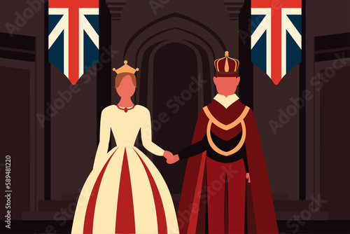 Coronation, coronation event illustration, silhouettes of people, king and queen