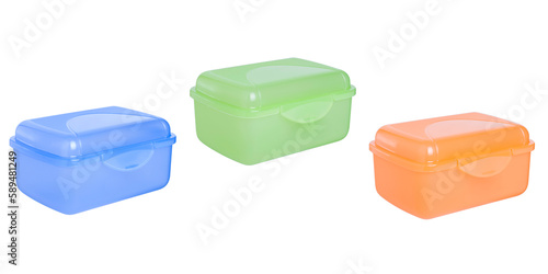 Empty translucent closed containers with a lid on a white background