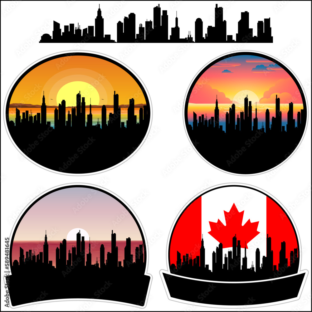 Essa Skyline Silhouette Canada Flag Travel Souvenir Sticker Sunset Background Vector Illustration SVG EPS AI