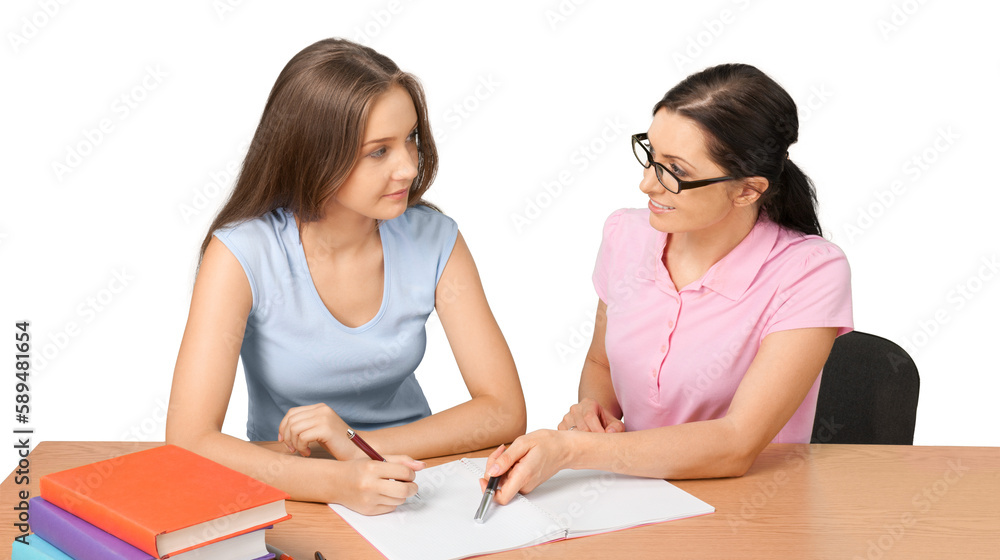 Mother helping happy daughter with homework on background Mother helping happy daughter with homework on background