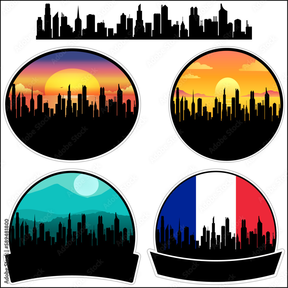 Beaune Skyline Silhouette France Flag Travel Souvenir Sticker Sunset Background Vector Illustration SVG EPS AI