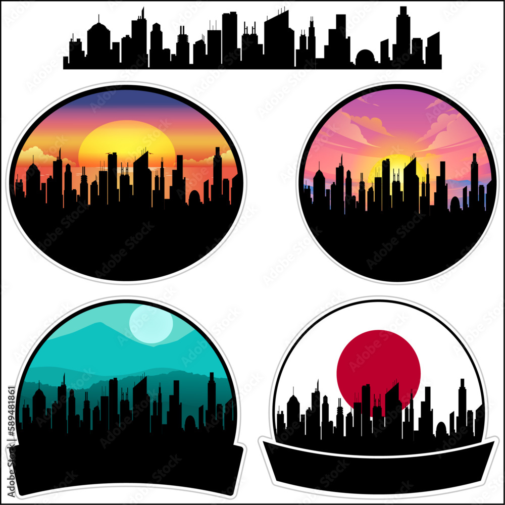 Shimogamo Skyline Silhouette Japan Flag Travel Souvenir Sticker Sunset Background Vector Illustration SVG EPS AI