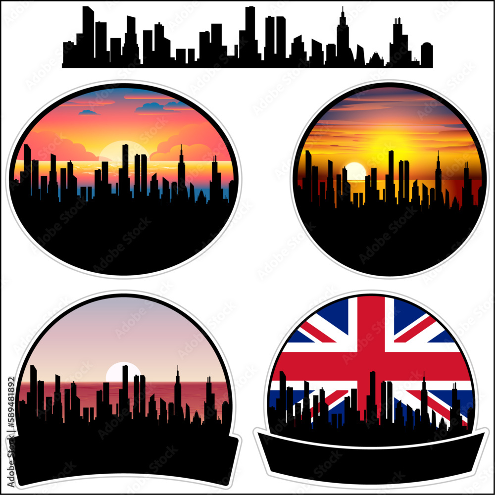 Woodlesford Skyline Silhouette Uk Flag Travel Souvenir Sticker Sunset Background Vector Illustration SVG EPS AI