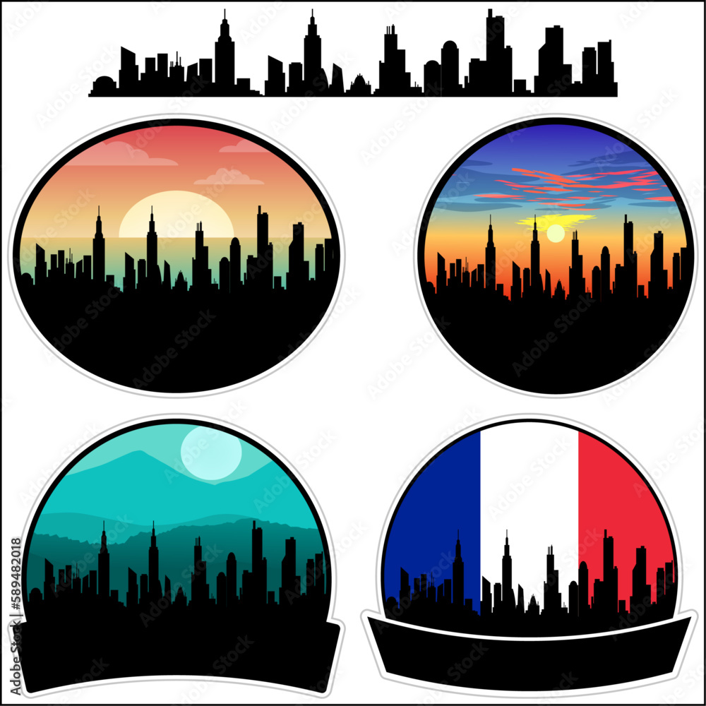 Halluin Skyline Silhouette France Flag Travel Souvenir Sticker Sunset Background Vector Illustration SVG EPS AI