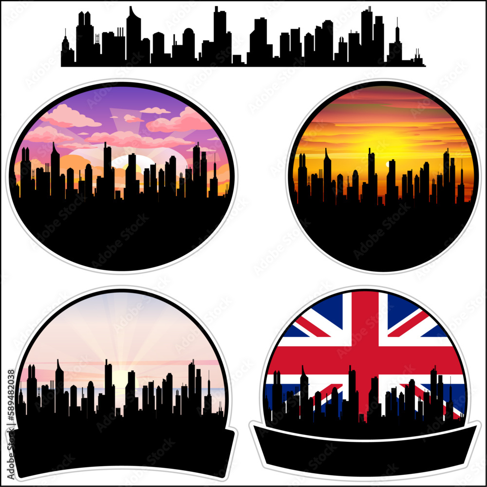 Leek Skyline Silhouette Uk Flag Travel Souvenir Sticker Sunset Background Vector Illustration SVG EPS AI