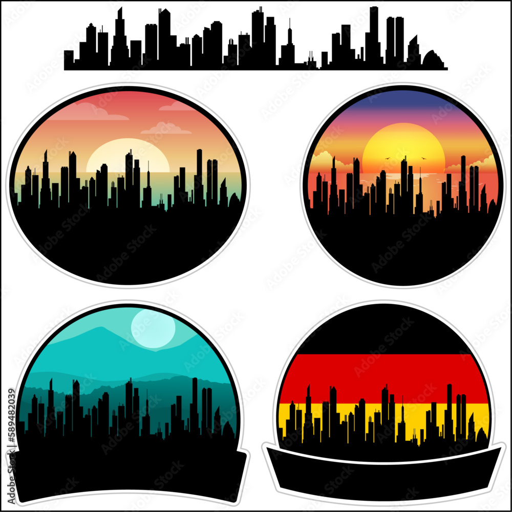 Frondenberg Skyline Silhouette Germany Flag Travel Souvenir Sticker Sunset Background Vector Illustration SVG EPS AI