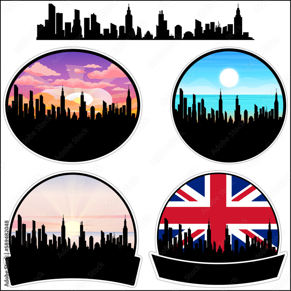 Alloa Skyline Silhouette Uk Flag Travel Souvenir Sticker Sunset Background Vector Illustration SVG EPS AI