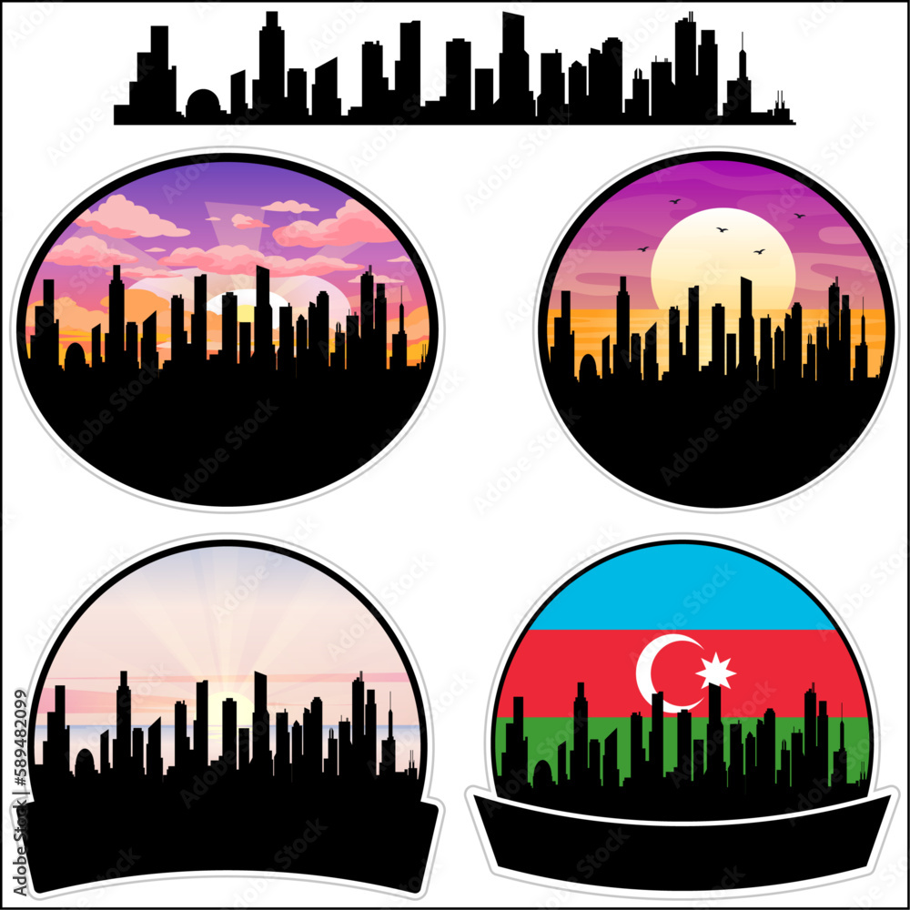 Quba Skyline Silhouette Azerbaijan Flag Travel Souvenir Sticker Sunset Background Vector Illustration SVG EPS AI