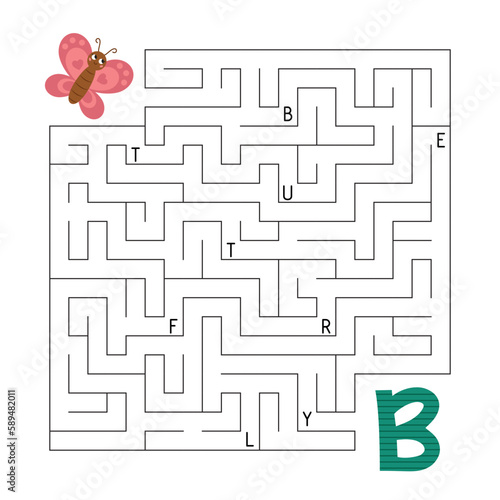 ABC maze game. Educational puzzle for children. Labyrinth with letters. Help cartoon butterfly find right way to the letter B. Activity worksheet. Vector illustration.